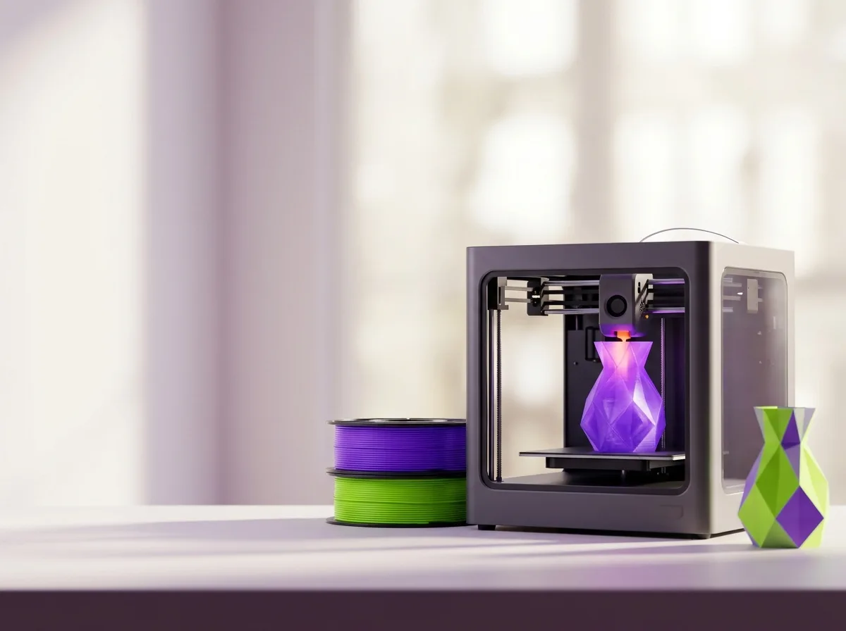 Atelier d’impression 3D : bobines de filament et plateau d’impression en cours